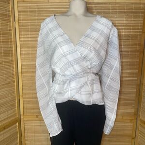 Express Check Print Faux Wrap Front Peplum blouse top woman’s size XL NWT